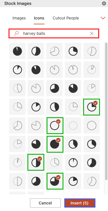 Icons dialog box in PowerPoint showing Harvey balls in PowerPoint 365 for Mac