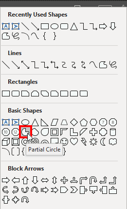 Partial Circle shape in the Shapes gallery in PowerPoint 365