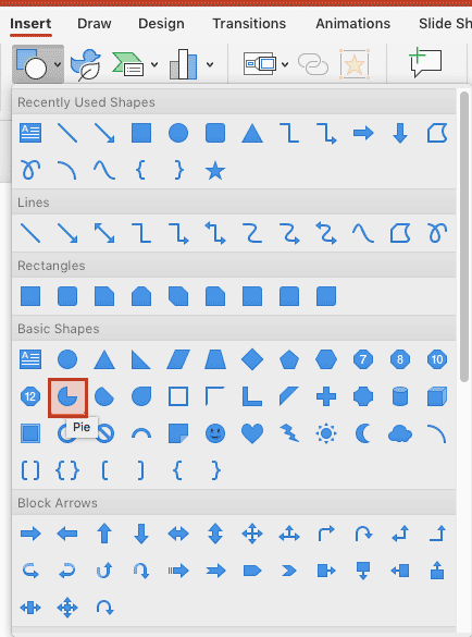 Pie shape in the Shapes gallery in PowerPoint 365 for Mac