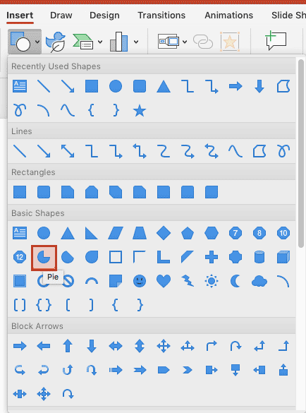 Pie shape in the Shapes gallery in PowerPoint 365 for Mac Pie shape in the Shapes gallery in PowerPoint 365 for Mac