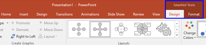 SmartArt Tools Design and Format tabs on the Ribbon