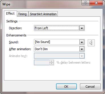 Wipe animation dialog box