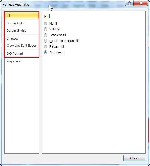 Format Axis Title dialog box Format Axis Title dialog box