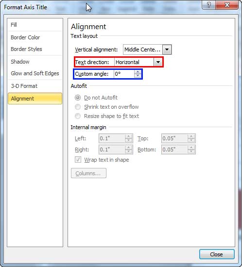 Alignment options within Format Axis Title dialog box