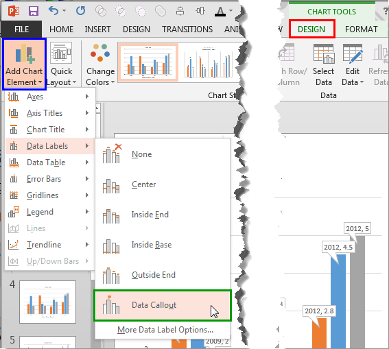 Data Callout option within the Data Labels sub-gallery of Add Chart Element drop-down gallery