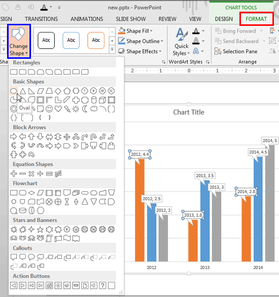 Change Shape drop-down gallery