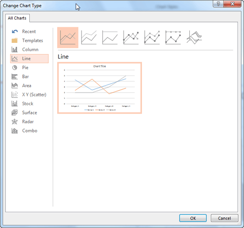 Line Chart selected within the Change Chart Type dialog box