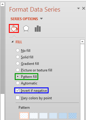 Pattern fill radio button selected within the Format Data Series Task Pane Pattern fill radio button selected within the Format Data Series Task Pane