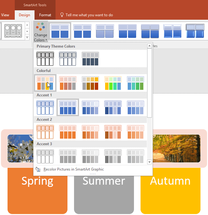 SmartArt graphic showing live preview of the color selected SmartArt graphic showing live preview of the color selected