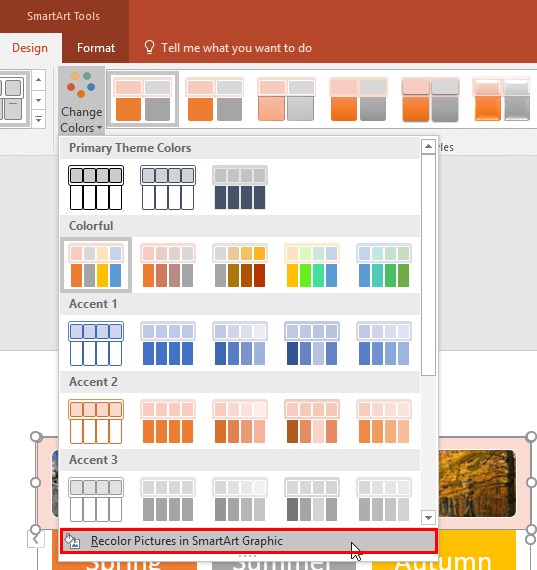 Recolor Pictures in SmartArt Graphic option Recolor Pictures in SmartArt Graphic option