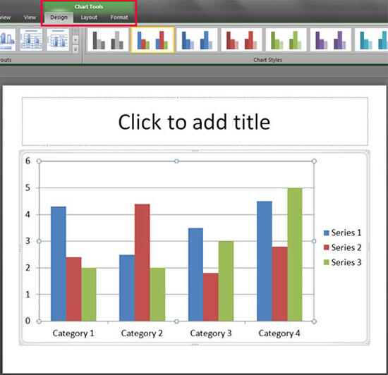 Selecting the chart displays the Chart Tools tabs of the Ribbon Selecting the chart displays the Chart Tools tabs of the Ribbon