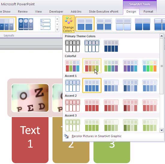 SmartArt graphic showing live preview of the color selected SmartArt graphic showing live preview of the color selected