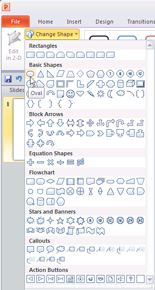Oval shape selected within Shapes gallery Oval shape selected within Shapes gallery