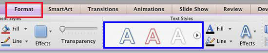 Text formatting options within the Text Styles group of the Format tab Text formatting options within the Text Styles group of the Format tab