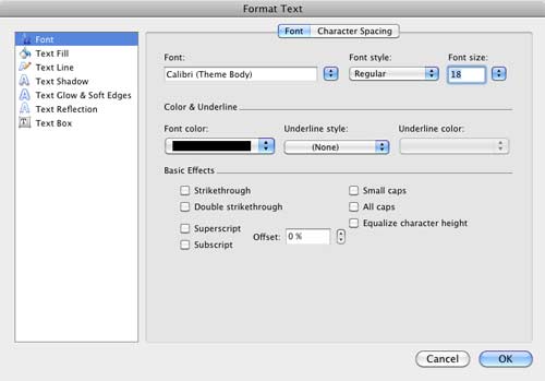 Format Text dialog box Format Text dialog box