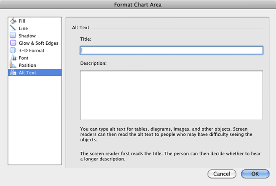 Alt Text option within the Format Chart Area dialog box Alt Text option within the Format Chart Area dialog box