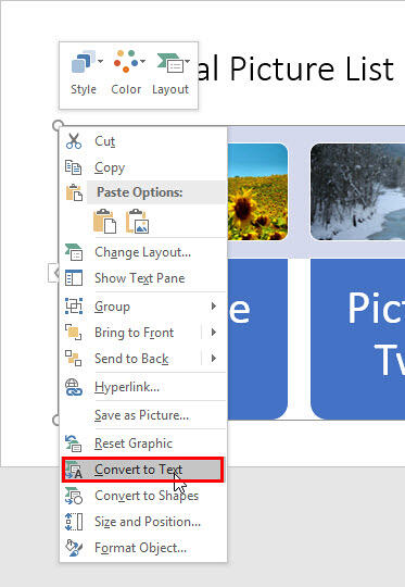 Convert to Text option within the right-click contextual menu