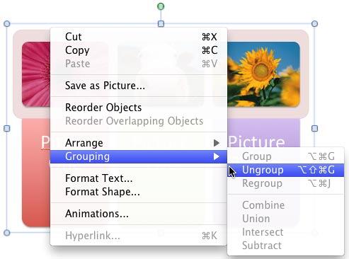Ungroup option within the Grouping sub-menu of converted SmartArt contextual menu
