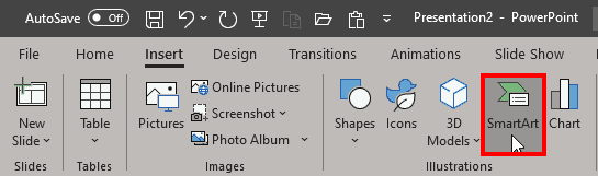 SmartArt button within the Insert tab