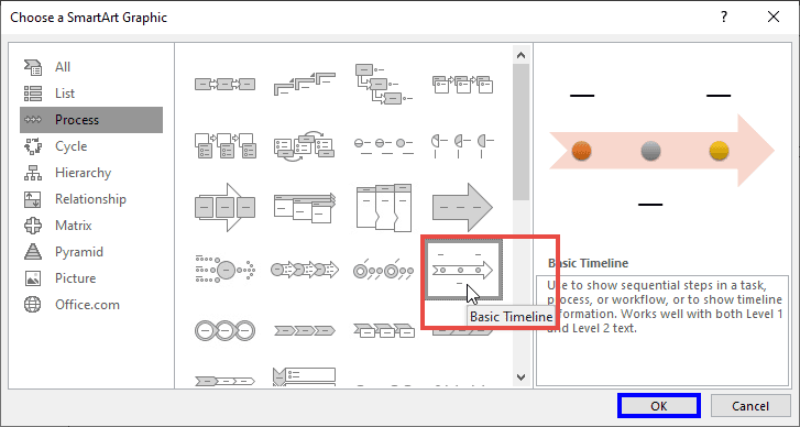 Basic Timeline SmartArt graphic selected Basic Timeline SmartArt graphic selected