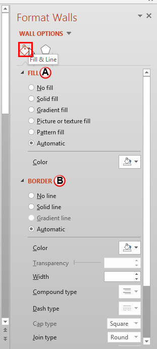 Fill and Border options within the Format Walls Task Pane Fill and Border options within the Format Walls Task Pane