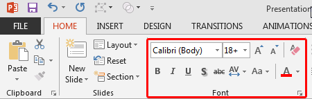 Font group within Home tab on the Ribbon
