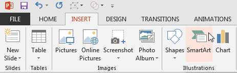 SmartArt button within the Insert tab of the Ribbon`