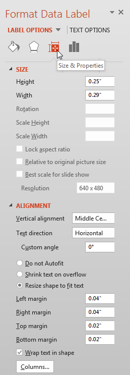 Size & Properties option within Format Data Table Task Pane