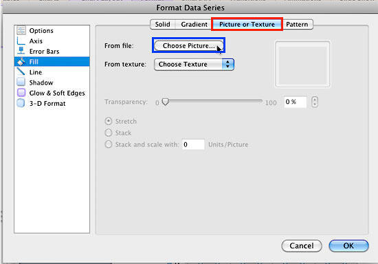 Picture or Texture tab selected within the Format Data Series dialog box