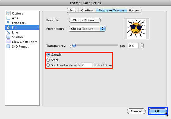 Stretch and Stack options within Format Data Series dialog box