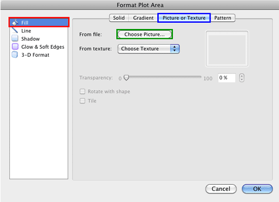 Picture or Texture tab within the Format Plot Area dialog box
