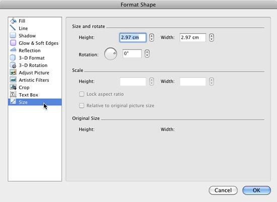 Shape resize and rotation options within Format Shape dialog box