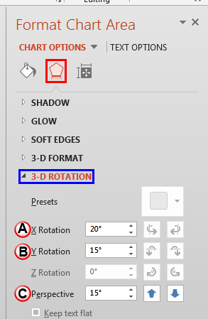 3D Rotation options within the Format Chart Area Task Pane 3D Rotation options within the Format Chart Area Task Pane
