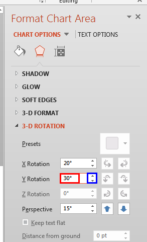 Y axis rotation changed to 30 degrees