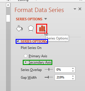Secondary axis radio button selected for one of the series Secondary axis radio button selected for one of the series