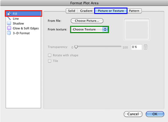 Picture or Texture tab within the Format Plot Area dialog box