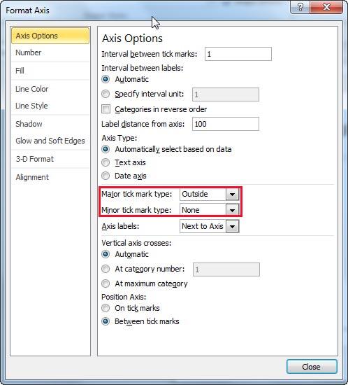 Tick mark options within the Format Axis dialog box