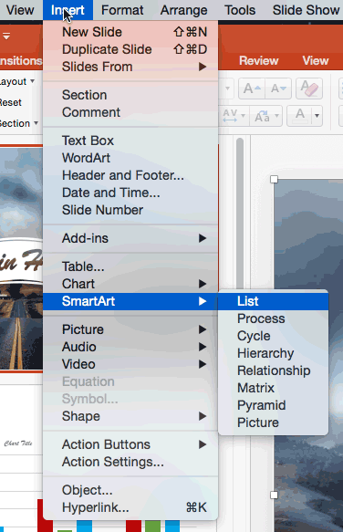 Typing 's' and 'm' within Insert drop-down menu selects the SmartArt option