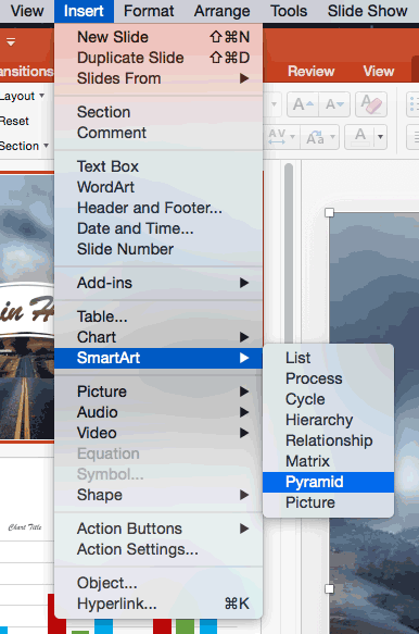 Typing 'py' within the SmartArt sub-menu selects the notes Pyramid option