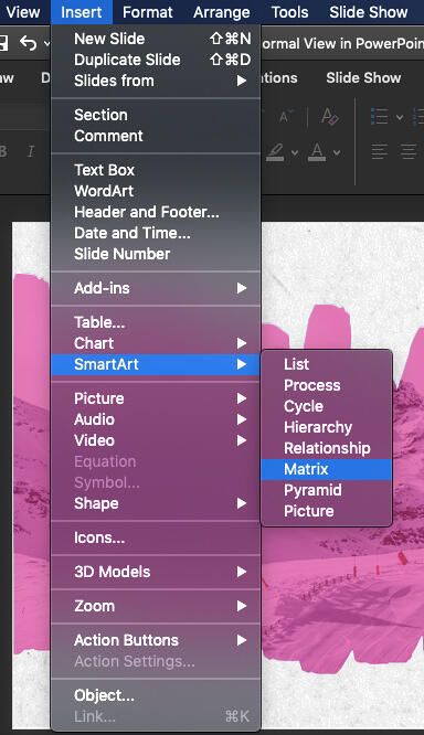 Typing 'm' within SmartArt sub-menu selects the notes Matrix option