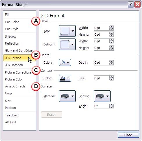 3-D Format options within Format Shape dialog box