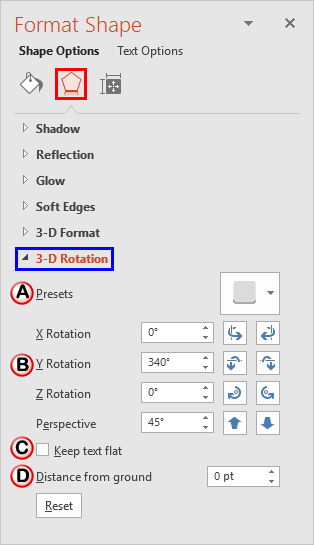 3-D Rotation options within the Format Shape Task Pane 3-D Rotation options within the Format Shape Task Pane