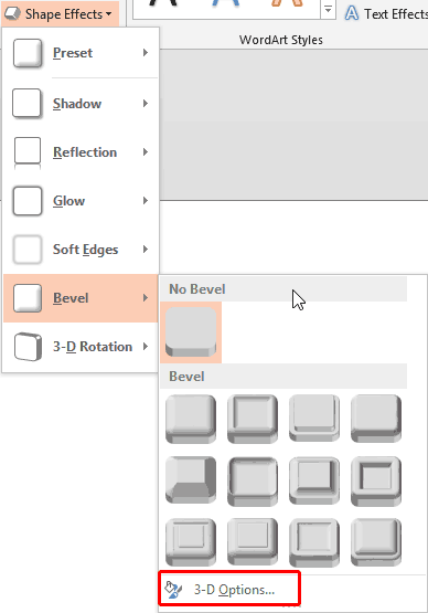 3-D Options within the Bevel sub-gallery