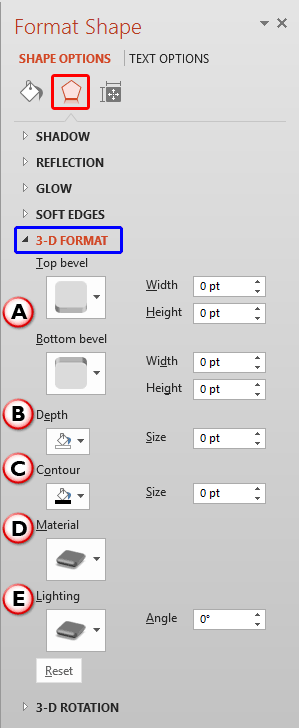 3-D Format options within Format Shape Task Pane