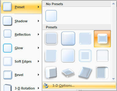 3-D Options in the Preset gallery 3-D Options in the Preset gallery