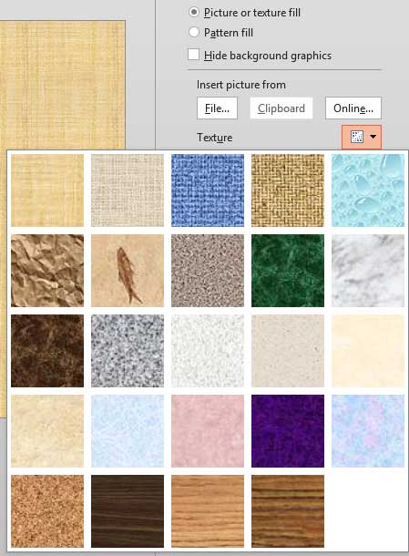 Texture drop-down gallery within the Format Background pane
