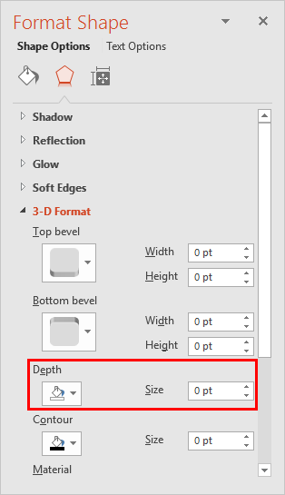 Depth option within Format Shape Task Pane