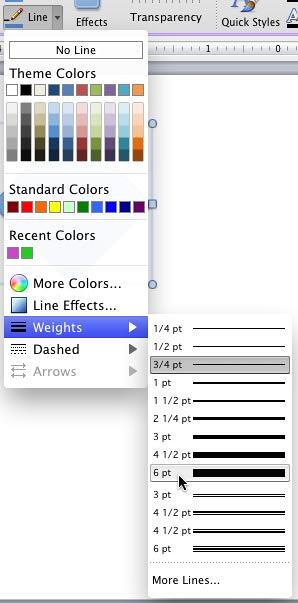 Weights sub-gallery within the Line drop-down gallery