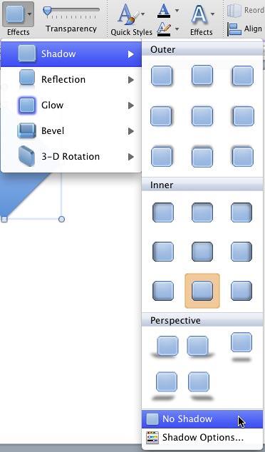 Shadow sub-gallery within the Effects drop-down gallery