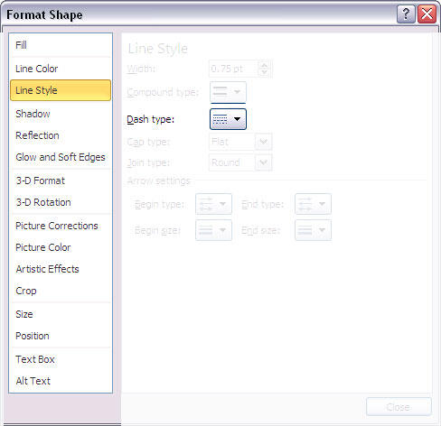 Dash type option in the Format Shape dialog box Dash type option in the Format Shape dialog box